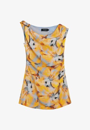 Top fără mâneci pentru femei cu model floral galben și gri și detaliu din țesătură adunată, decolteu rotund și etichetă de marcă Desigual.