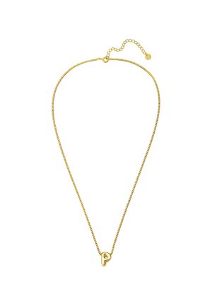 Collier plaqué or avec une chaîne délicate et un petit pendentif en forme de "P" courbé. Doté d'un fermoir ajustable pour varier la longueur.