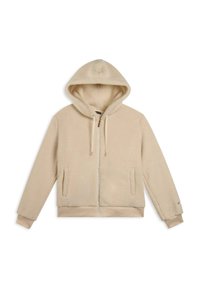 Felpa con cappuccio beige realizzata in materiale morbido e soffice, con cerniera frontale, due tasche laterali e polsini e orlo a coste.