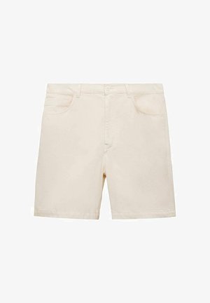 Shorts din bumbac bej, cu croială dreaptă, cinci buzunare și închidere cu nasture. Prezintă cusături subtile și o textură netedă.
