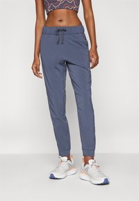 Gray athletic pants with an elastic waistband, drawstring, tapered legs, and side pockets, paired with light sneakers.