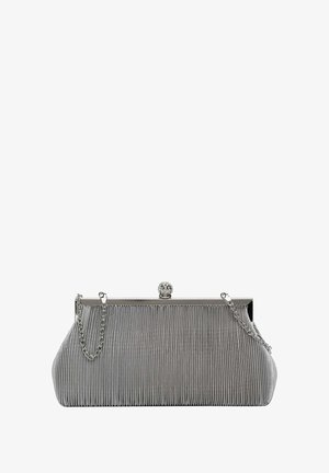 Borsa a pochette grigia plissettata con una struttura in metallo, tessuto texturizzato, chiusura circolare e tracolla in catena argentata.