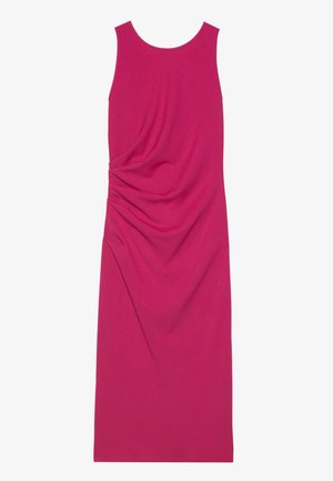 Fuchsia ärmelloses Kleid mit einer figurnahen Silhouette, die auf einer Seite drapierte Details aufweist und eine glatte, weiche Textur hat.