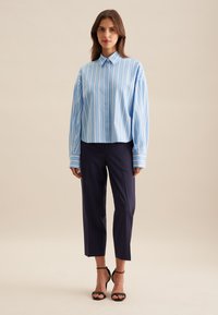 Camicia a righe blu chiaro con colletto, abbinata a pantaloni neri tagliati al polpaccio e scarpe con cinturini nere, su uno sfondo neutro.