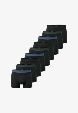 Zwarte boxershorts in een rij gerangschikt, met verschillende taillebanden, voornamelijk zwart met één donkerblauwe band. Glad stof met elastiek.