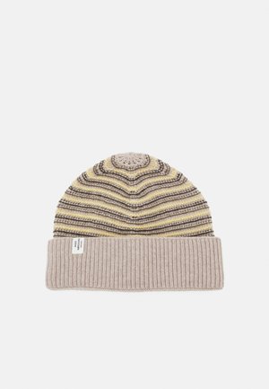 Knit beanie with a striped pattern in beige, yellow, and brown. Features a ribbed cuff and a textured crown. Tag visible on side.