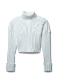 Weißer, gerippter Rollkragenpullover mit einem cropped Design und langen Ärmeln, ausgestattet mit einem strukturierten Stoff und eng anliegenden Bündchen.