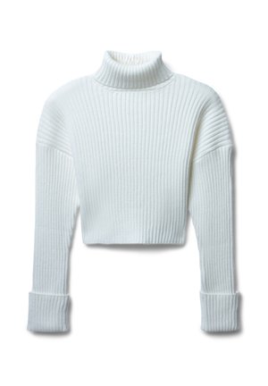 Weißer, gerippter Rollkragenpullover mit einem cropped Design und langen Ärmeln, ausgestattet mit einem strukturierten Stoff und eng anliegenden Bündchen.