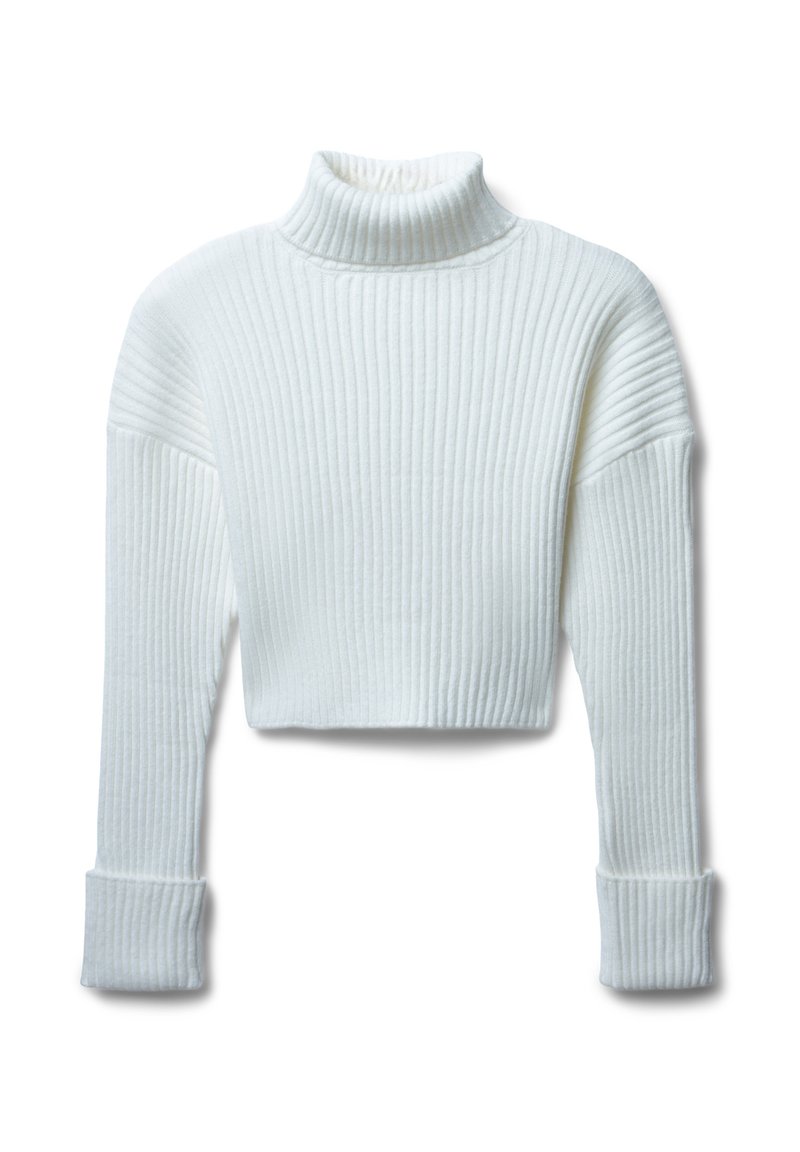 Weißer, gerippter Rollkragenpullover mit einem cropped Design und langen Ärmeln, ausgestattet mit einem strukturierten Stoff und eng anliegenden Bündchen.