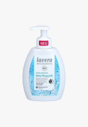 Lavera milde Sensitive-Pflege-Seife mit Pumpspender, Bio-Aloe Vera und Kamille, pH-neutral, klimaneutral, mit Aufkleber "NEU".
