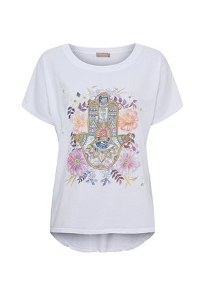 Hvid kortærmet skjorte med et farverigt Hamsa-hånd- og blomsterdesign på forsiden, med et øjemotiv i midten.