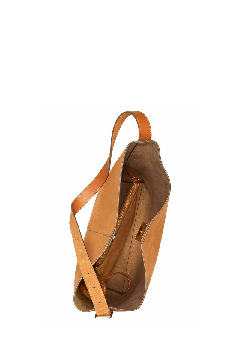 Tasche aus tanfarbenem Leder mit weicher Textur, ausgestattet mit einer Reißverschluss-Tasche und einem langen Trageriemen. Das Innere ist ungefüttert und zeigt ein sauberes, minimalistisches Design.