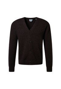 Donkerbruine gebreide cardigan met een V-hals, knoopsluiting en geribbelde manchetten. Zachte textuur en klassiek ontwerp voor veelzijdige lagen.