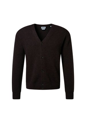 Donkerbruine gebreide cardigan met een V-hals, knoopsluiting en geribbelde manchetten. Zachte textuur en klassiek ontwerp voor veelzijdige lagen.