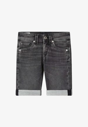 Shorts de mezclilla en gris oscuro con puños enrollados. Presentan cinco bolsillos, costuras en marrón y un cierre de botón metálico. Textura suave.