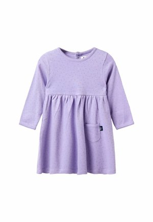 Abito a maniche lunghe in lavanda con scollatura rotonda, vita arricciata, piccola tasca e motivo a pois. Tessuto morbido e dall'aspetto liscio.