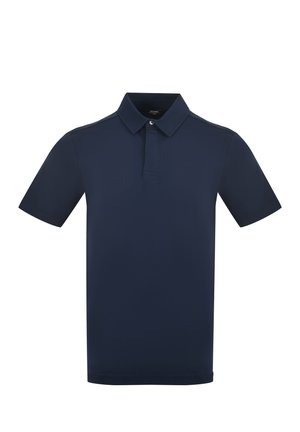 Polo blu navy a maniche corte con colletto classico e patta con due bottoni, mostrata su sfondo bianco semplice.