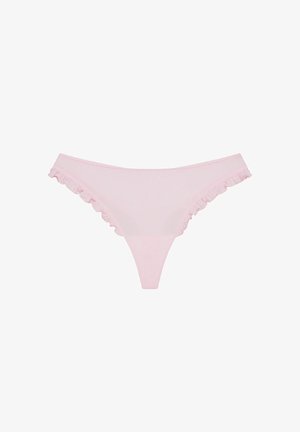Pink thong-style underwear featuring soft fabric, ruffled edges, and a minimalistic design.