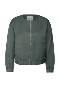 Zelená bomber bunda s kulatým výstřihem, předním zipem, dvěma náprsními kapsami a žebrovanými manžetami. Vyrobena z lehké tkaniny s hladkou texturou.