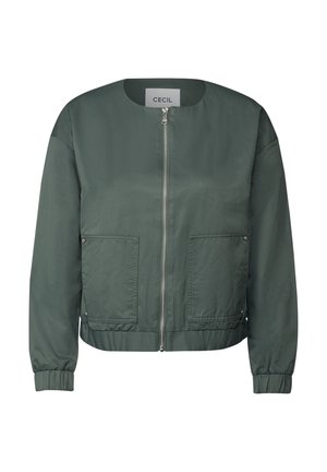 Green bomber jacket with a round neckline, front zip, two chest pockets, and ribbed cuffs. Made from lightweight fabric with a smooth texture.