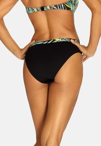 Czarny dół bikini z wysokim stanem i żywym tropikalnym nadrukiem w pasie. Gładka tekstura i dopasowany krój.