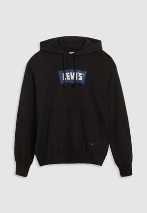 Crna dukserica od pamuka, s prednjim kengur džepom, kapuljačom s vezicom i plavim Levi's logom preko prsa.
