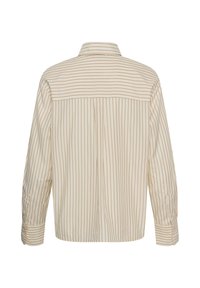 Chemise beige à manches longues avec des rayures verticales marron et un col plié, vue de dos sur fond blanc.