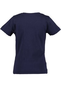 Navyblaue Baumwoll-T-Shirt, kurze Ärmel, Rundhalsdesign, glatte Textur, keine sichtbaren Grafiken oder Muster, schlichte Rückansicht.