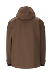 Brun vandtæt jakke med hætte, der har en glat tekstur, elastiske manchetter og en lige skæring i kanten. Minimalistisk design uden synlige logoer.