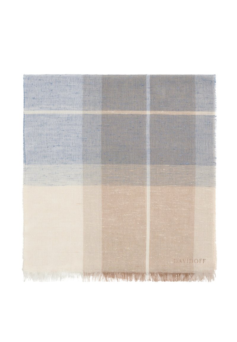 Leichter, gewebter Schal mit einem karierter Muster in Schattierungen von Blau, Beige und Creme. Mit sauberem Abschluss und einem dezenten Logo versehen.