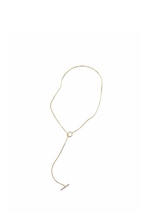 Finom aranylánc nyaklánc kör alakú kapoccsal és egy függőleges rúd medállal az egyik végén.