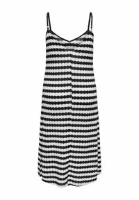 Robe sans manches à rayures horizontales noires et blanches avec bordure en dentelle et fines bretelles ajustables.