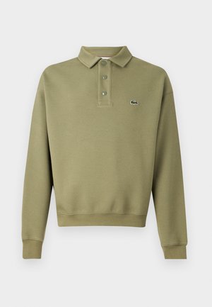Olive green sweatshirt with a collared neck, three button placket, and ribbed cuffs. Features a small logo on the left side.