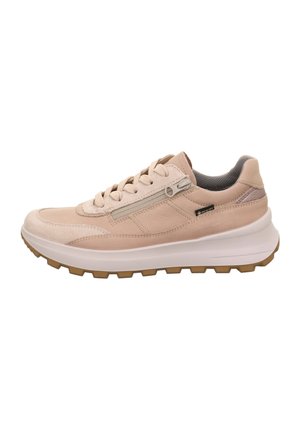 Helle rosa Wildleder-Sneaker mit strukturiertem Finish, ausgestattet mit Schnürsenkeln, einem seitlichen Reißverschluss und einer robusten weißen und beigefarbenen Sohle für guten Halt.