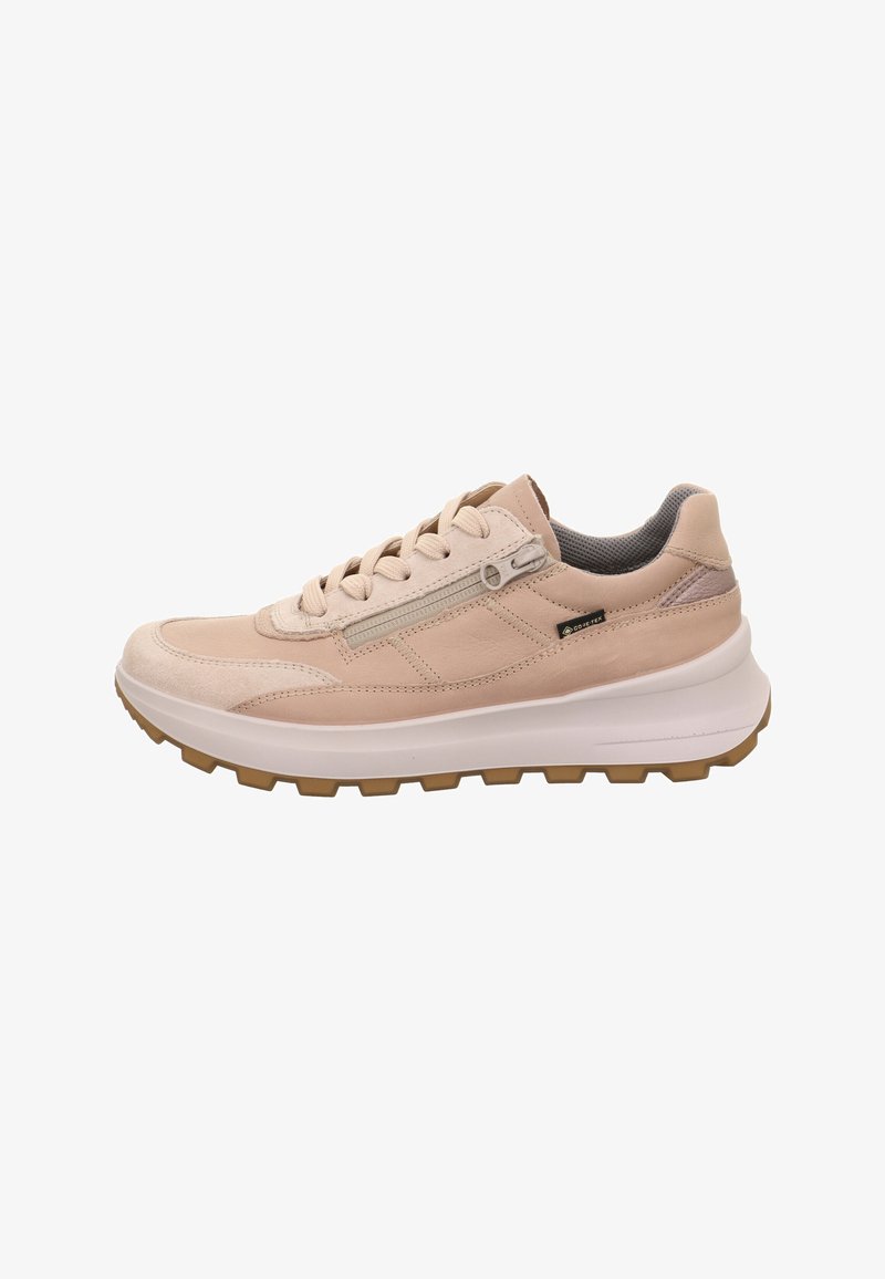 Helle rosa Wildleder-Sneaker mit strukturiertem Finish, ausgestattet mit Schnürsenkeln, einem seitlichen Reißverschluss und einer robusten weißen und beigefarbenen Sohle für guten Halt.