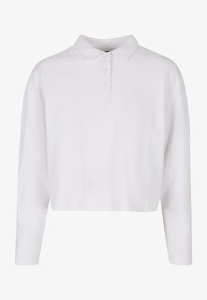 Bijela skraćena polu majica dugih rukava s preklopom ovratnikom, dugmetima i glatkom pamučnom teksturom. Bez uzoraka ili akcenta.