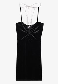 Czarna aksamitna sukienka z dopasowaną górą, Marszczeniem na środku i cienkimi ramiączkami, które wiążą się z tyłu. Gładka tekstura, długość do połowy uda.