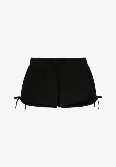 Shorts noirs décontractés avec une taille élastique, un cordon de serrage à l'avant et des nœuds latéraux, présentant un logo embossé discret sur la jambe gauche.