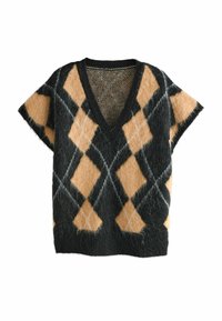Pull en V noir, beige et orange. Présente un motif argyle avec un matériau tricoté doux et texturé, et des manches courtes.