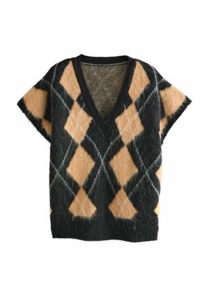 V-ringad tröja i svart, beige och orange nyanser. Har ett argyle-mönster med mjukt, texturerat stickat material och korta ärmar.