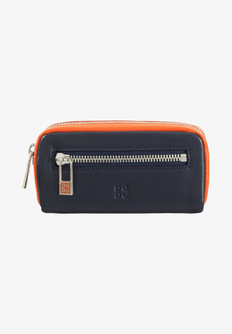 Leather wallet in navy and orange. Features a silver zip closure and a logo tag. Smooth texture with a rectangular shape.