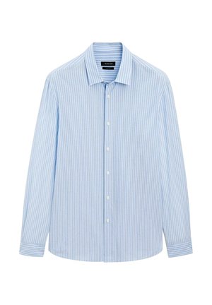 Camicia azzurra chiara con righe bianche verticali, maniche lunghe, colletto e orlo dritto. Tessuto in misto cotone.