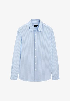 Light blue button-up shirt with vertical white stripes, long sleeves, collared neckline, and a straight hem. Cotton blend fabric.