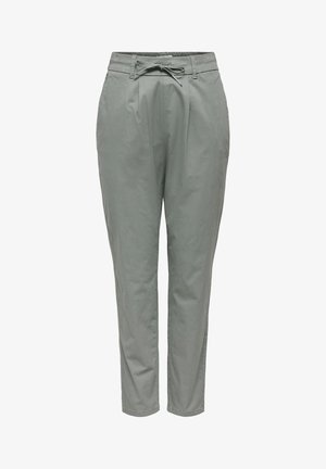 Pantalon gris clair à jambes fuselées avec taille élastique et lien à l'avant, doté de poches latérales et d'un tissu lisse, infroissable.