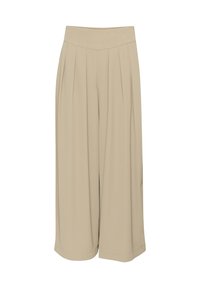Pantaloni beige a gamba larga con vita alta e piatta, caratterizzati da multiple pieghe che scorrono sul davanti; tessuto leggero, lunghezza cropped.