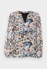 Blumenbluse mit V-Ausschnitt, langen Puffärmeln und einem Muster aus mehrfarbigen Blumen auf einem hellen Hintergrund, aus leichtem Stoff gefertigt.