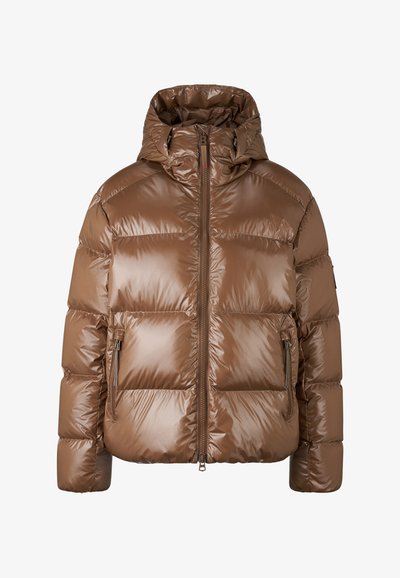 Brown shiny puffer jacket with hood, front zipper, and zippered side pockets, designed for cold weather.