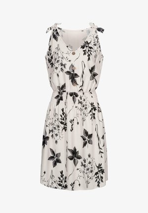 Ärmelloses Kleid mit floralem Muster und V-Ausschnitt, schwarz-weiße Farbgebung, elastischem Taillenbund und Knopfakzenten auf der Vorderseite.