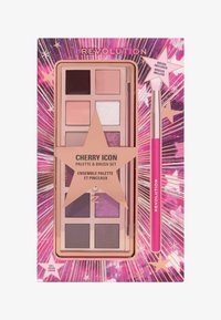 Cherry Icon palette features 8 shades in pink, purple, and brown, with a brush included. Packaging has a star design on a vibrant pink background.