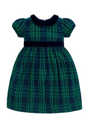 Robe pour tout-petit à carreaux verts et bleu marine avec manches courtes bouffantes, col en velours noir et ceinture assortie.